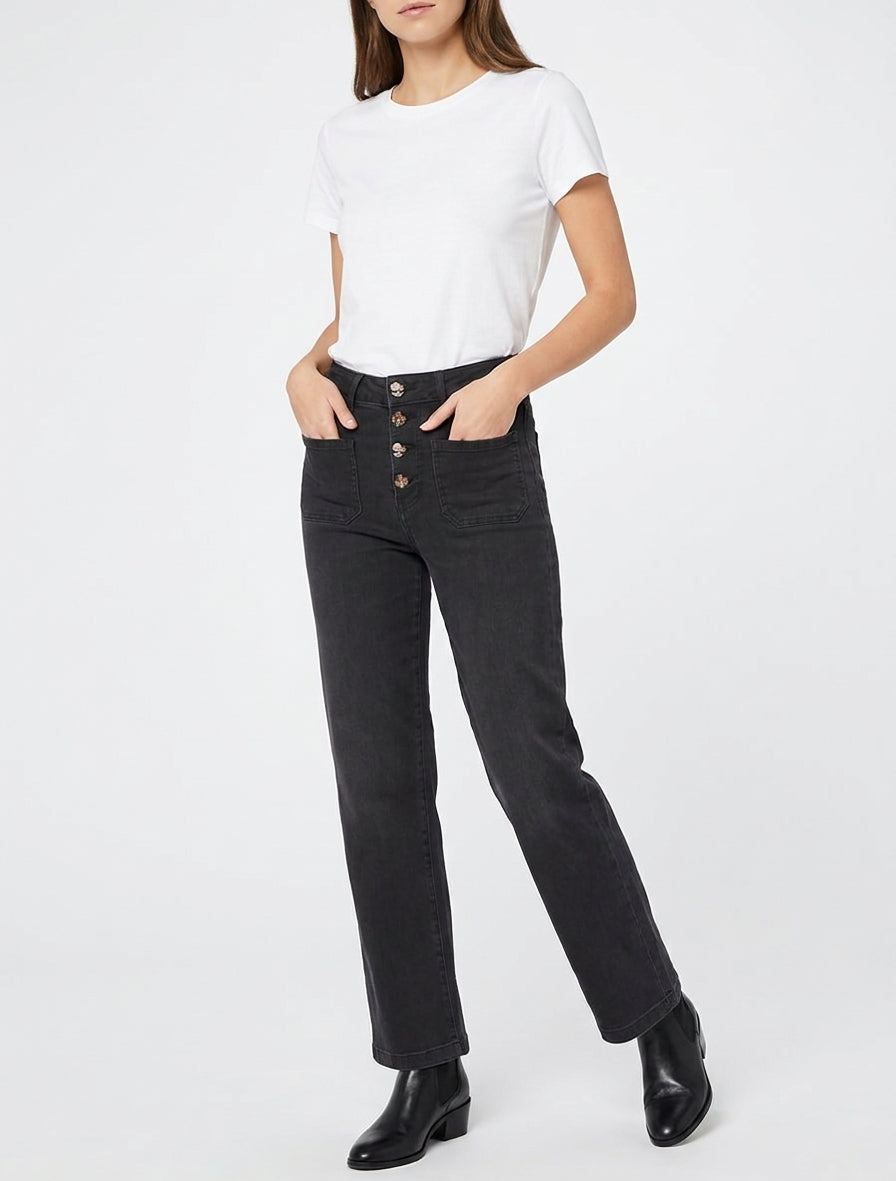 Jeans dritti con chiusura a bottoni e ricamo floreale - Nero