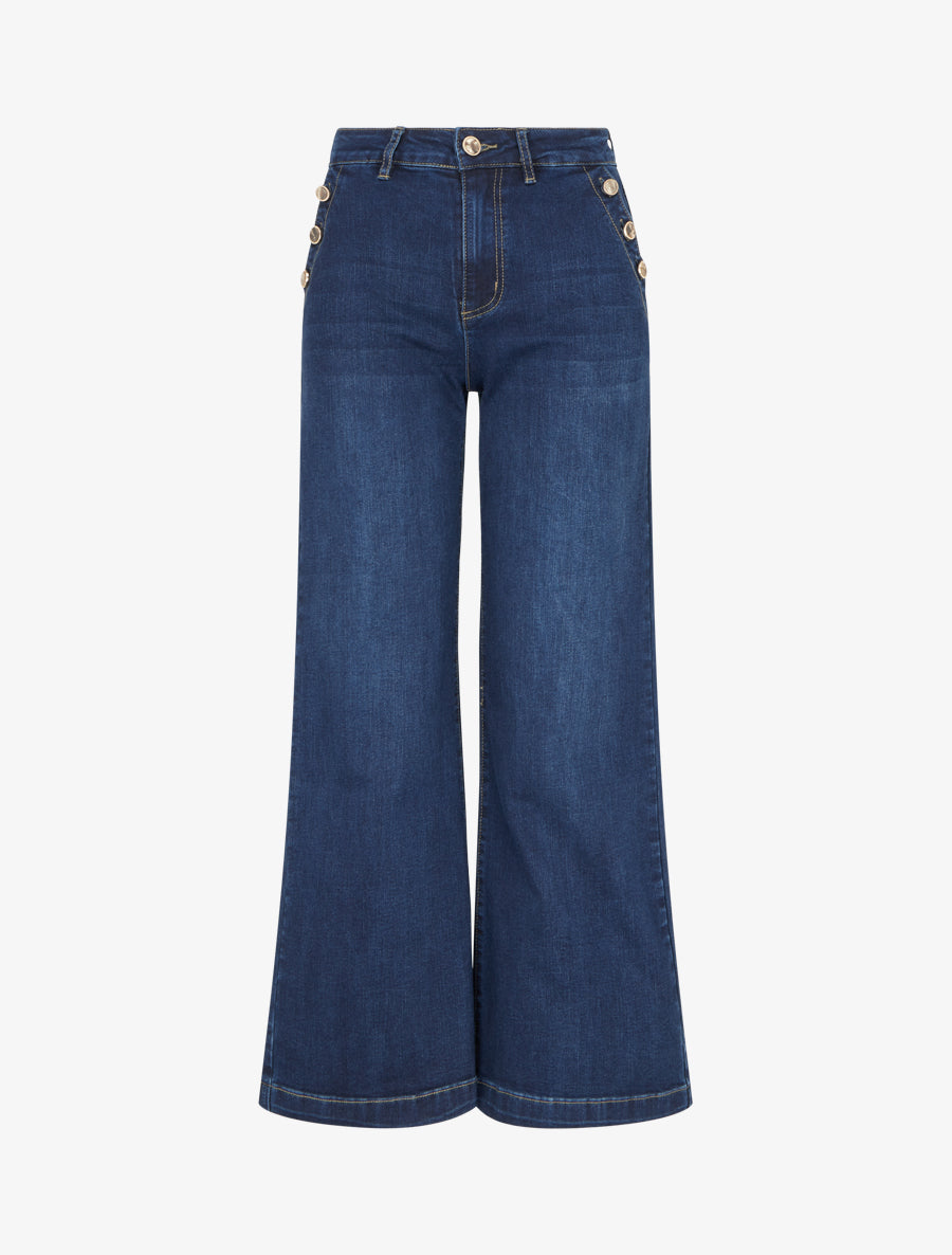 Jean délavé wide leg à boutons nacrés - Bleu - 1
