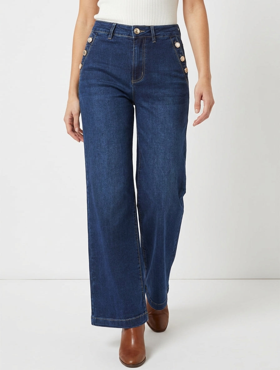 Jeans a gamba larga scoloriti con bottoni in madreperla - Blu