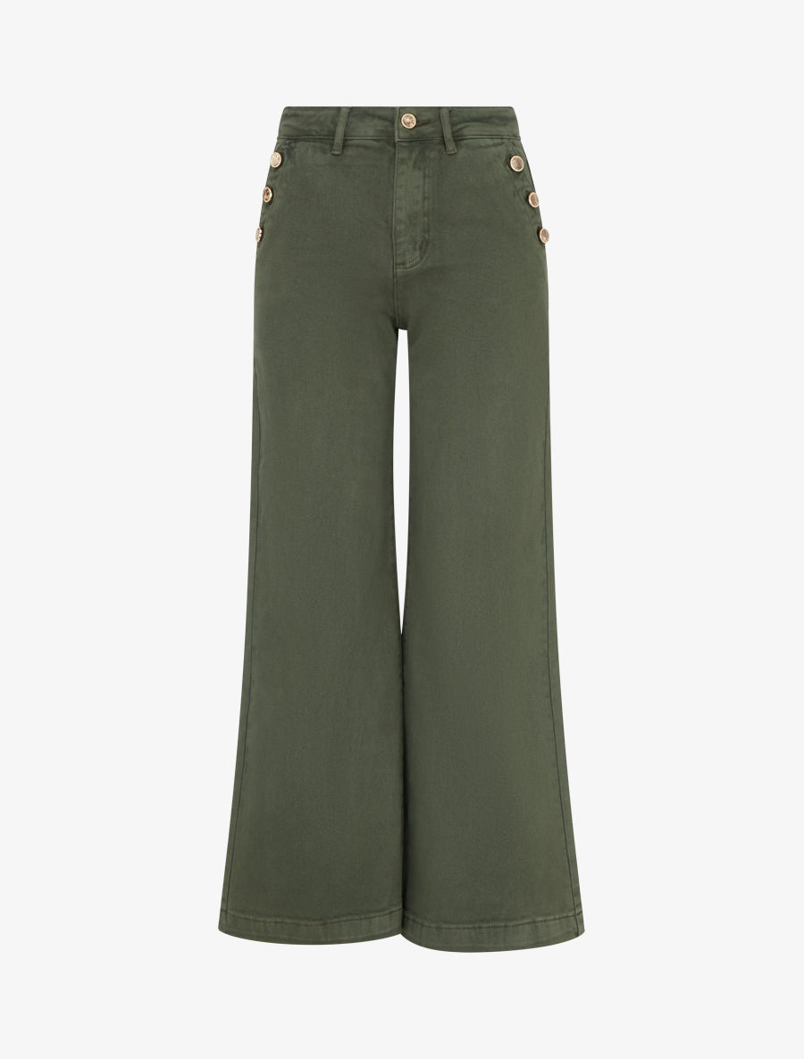 Jean uni wide leg à boutons nacrés - Kaki - 1