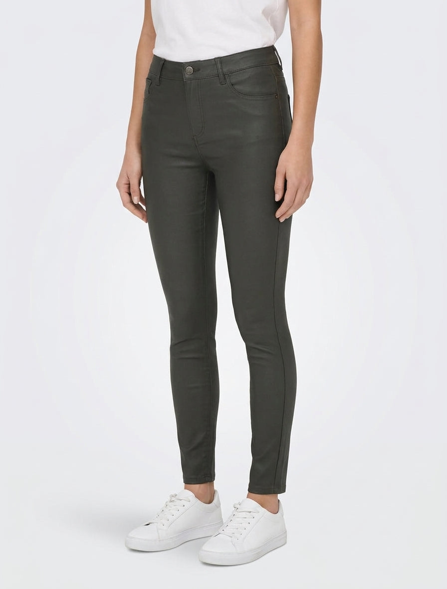 Pantaloni slim in similpelle effetto cerato - Kaki scuro