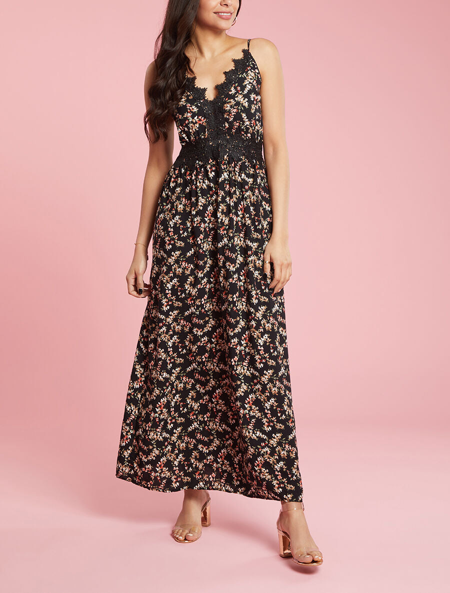 Robe fleurie à détails crochet - noir - 3