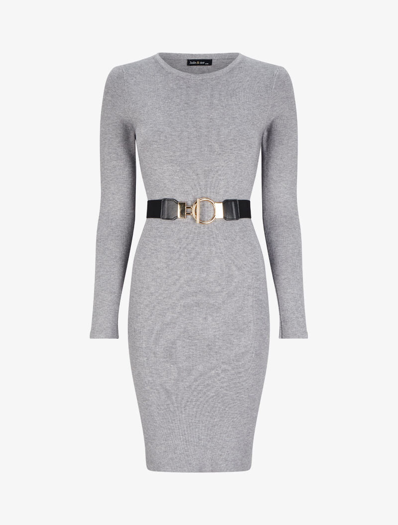 Robe pull unie à ceinture stylisée - Gris chiné - 4