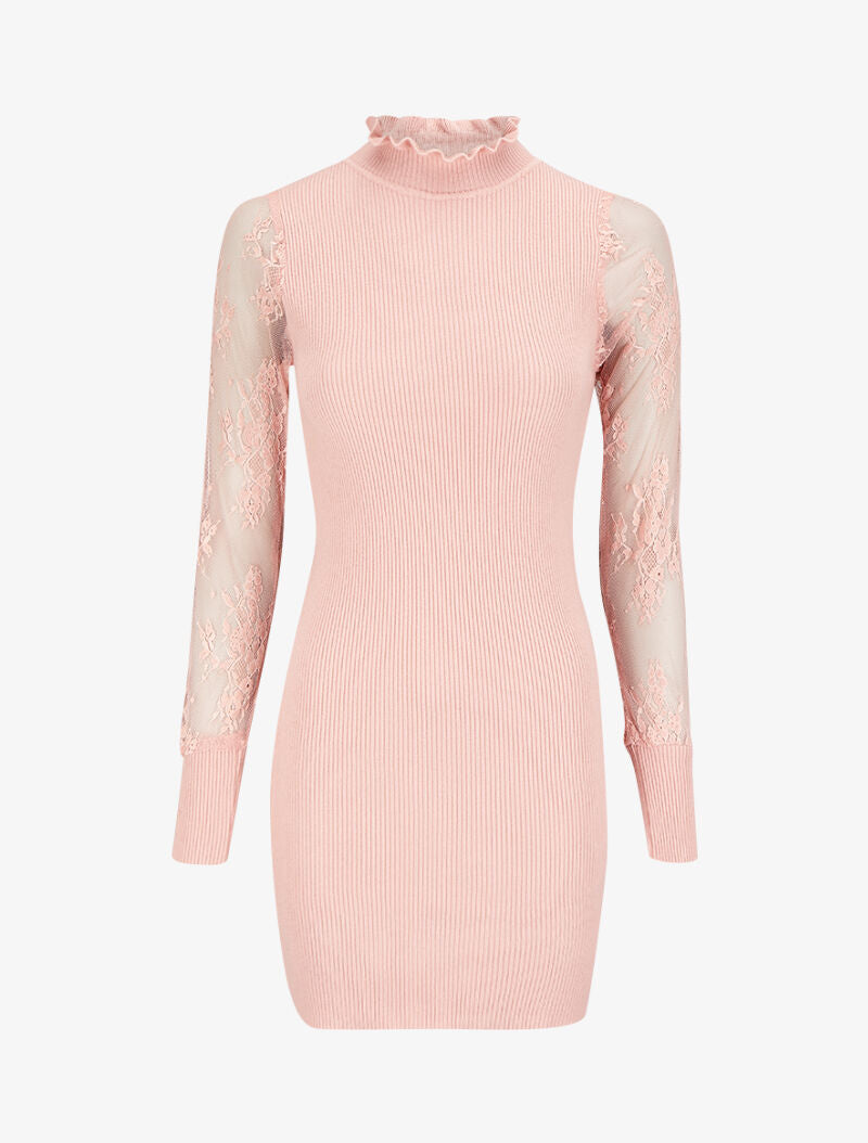 Robe pull côtelée à col volanté et manches en dentelle - Rose poudré - 1