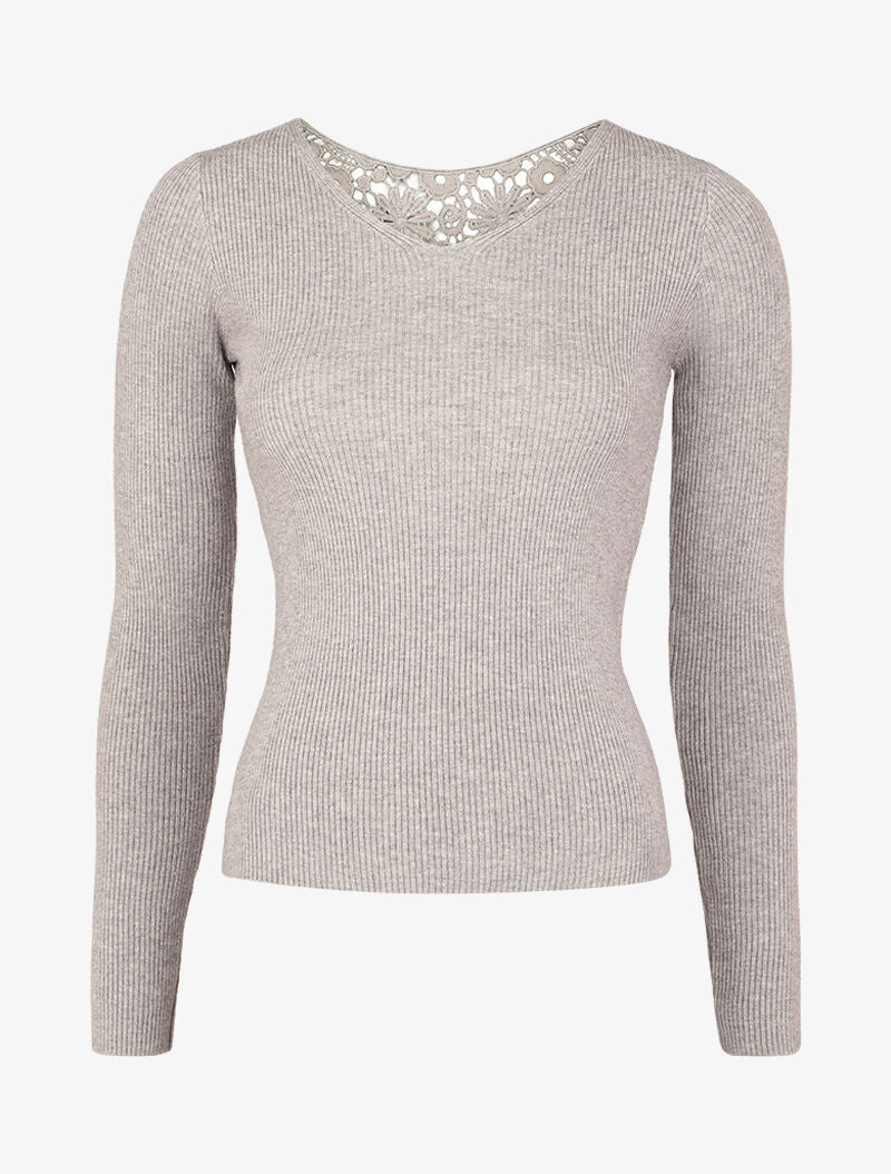 Pull côtelé à dos ajouré en crochet - Gris chiné - 1