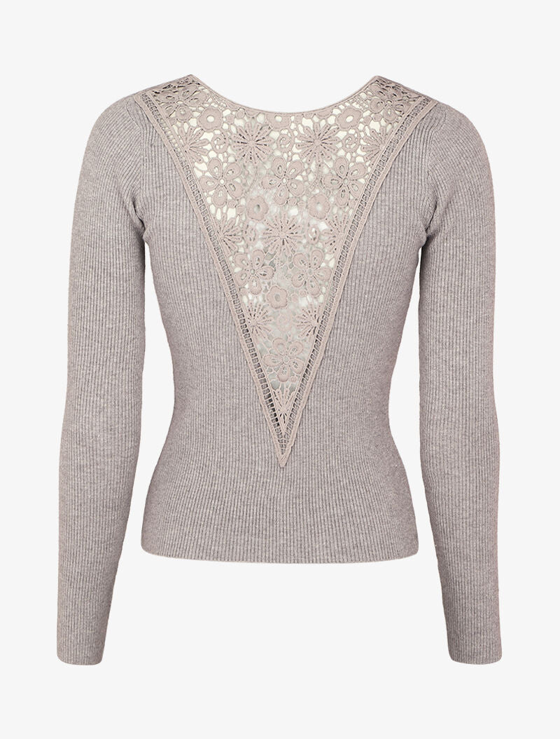 Pull côtelé à dos ajouré en crochet - Gris chiné - 2
