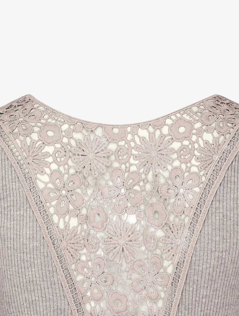 Pull côtelé à dos ajouré en crochet - Gris chiné - 3