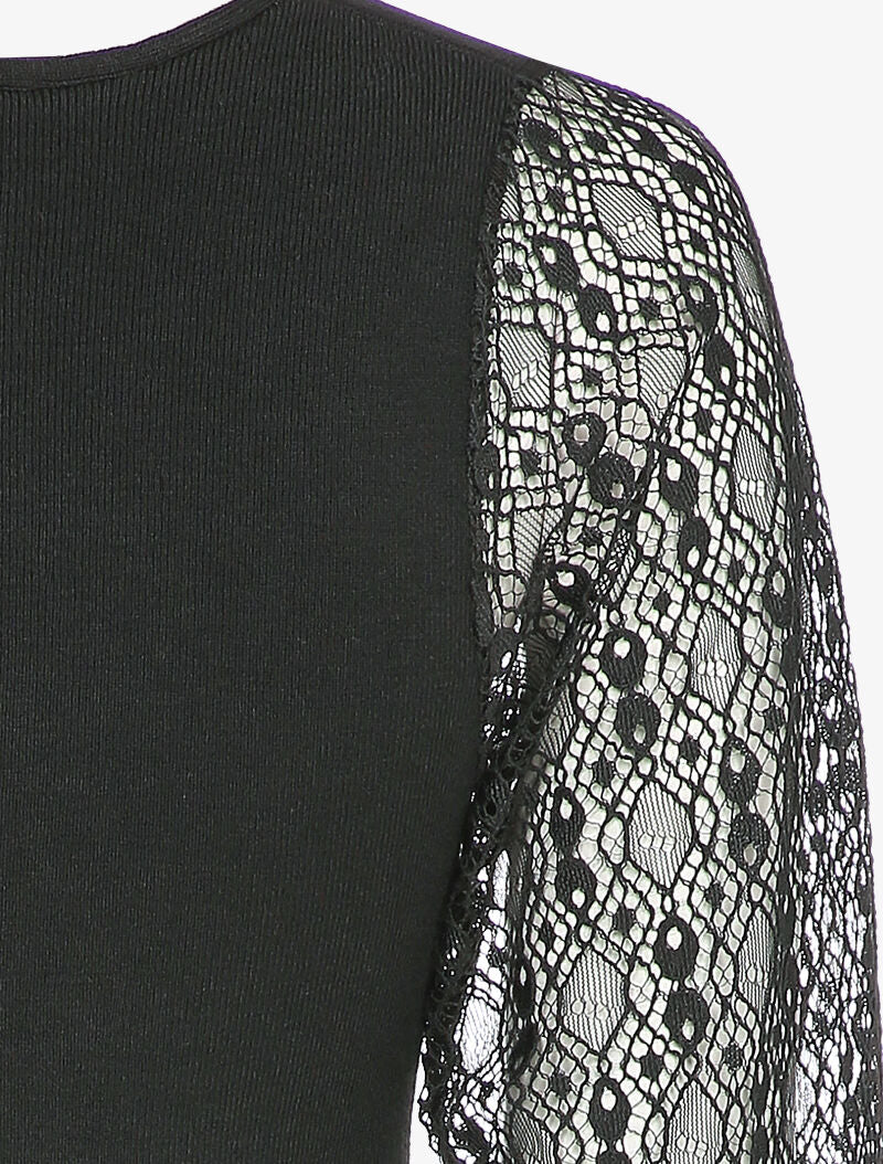Pull fin à manches en dentelle ajourée - Noir - 3