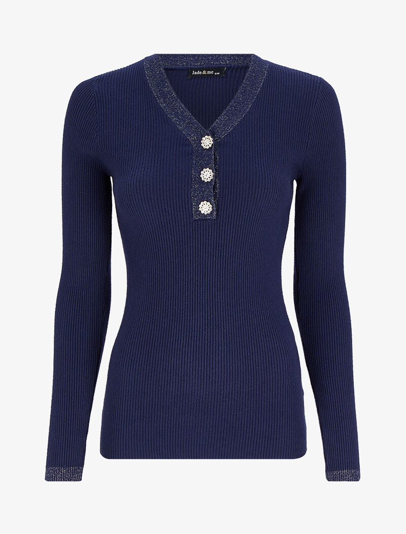 Pull côtelé à col V irisé et boutons en strass - Marine - 1
