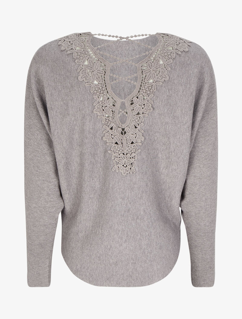 Pull à dos en crochet ajouré et manches dolman - Gris chiné - 2