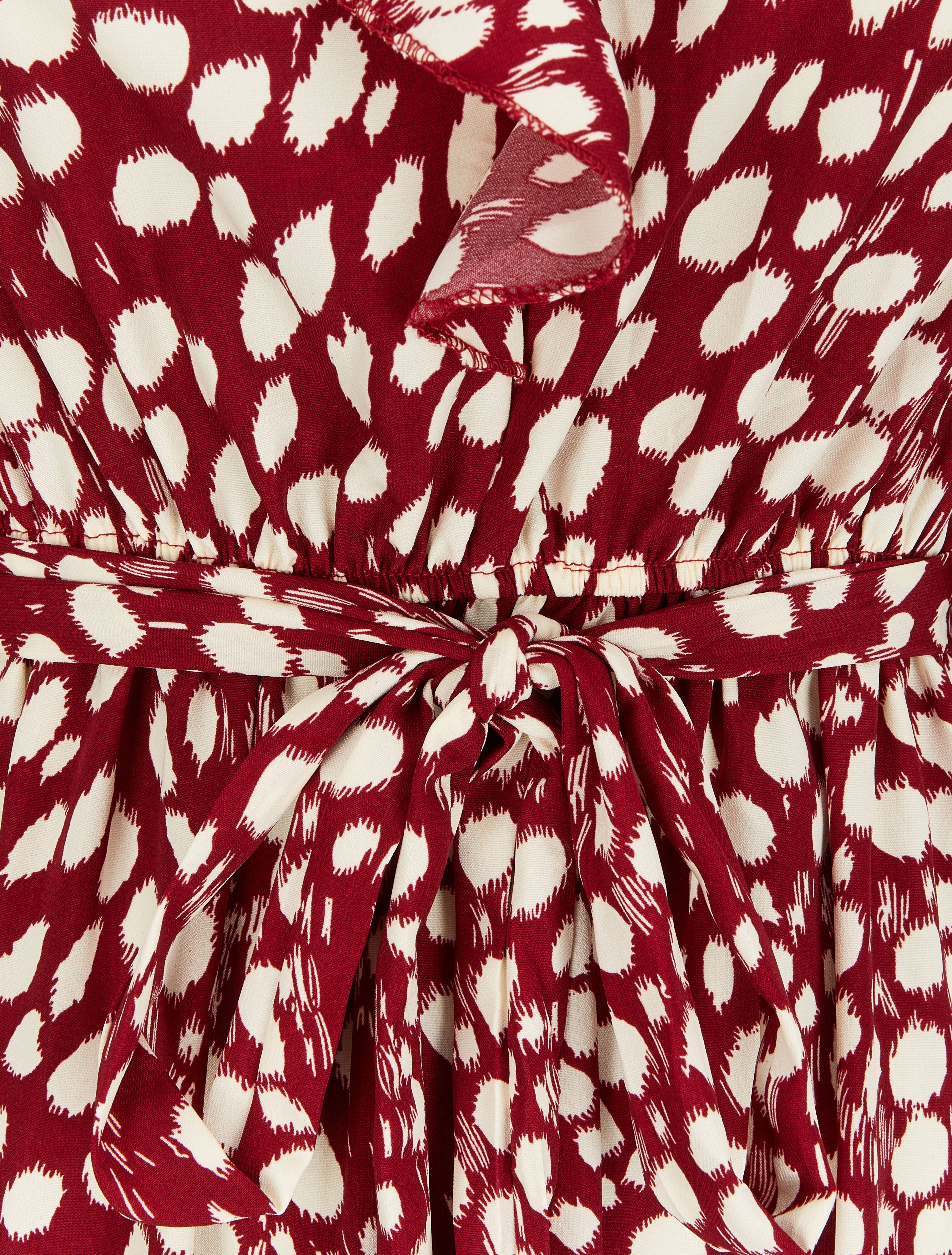 Robe imprimé moucheté à col V volanté - Lie de vin - 3