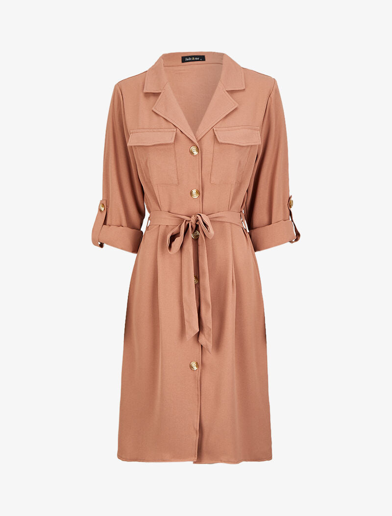 Robe chemise mi-longue à poches à rabats - Rose poudré - 4