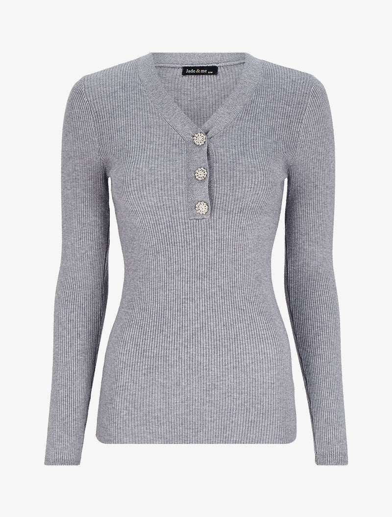 Pull côtelé à col V irisé et boutons en strass - Gris chiné - 2