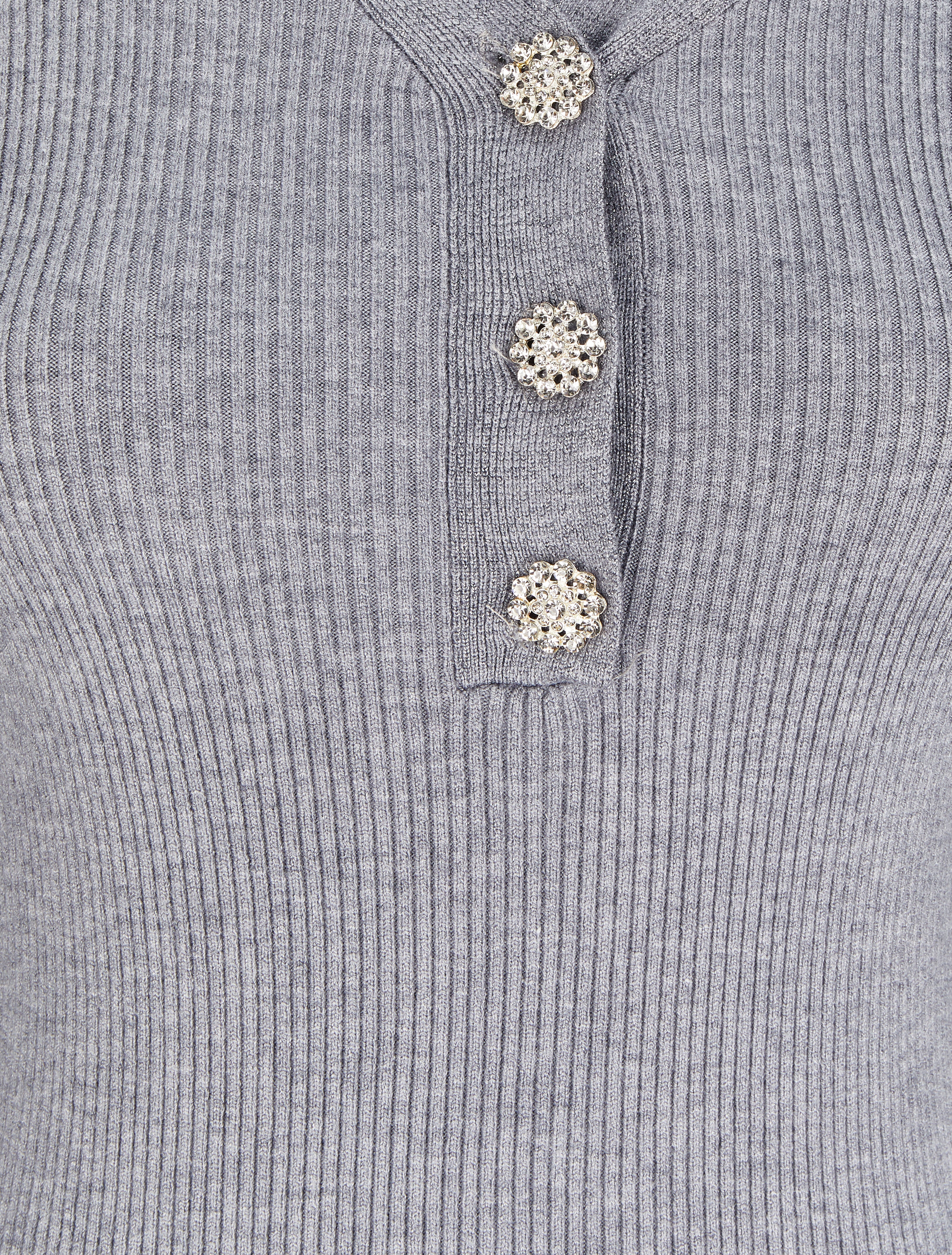 Pull côtelé à col V irisé et boutons en strass - Gris chiné - 4