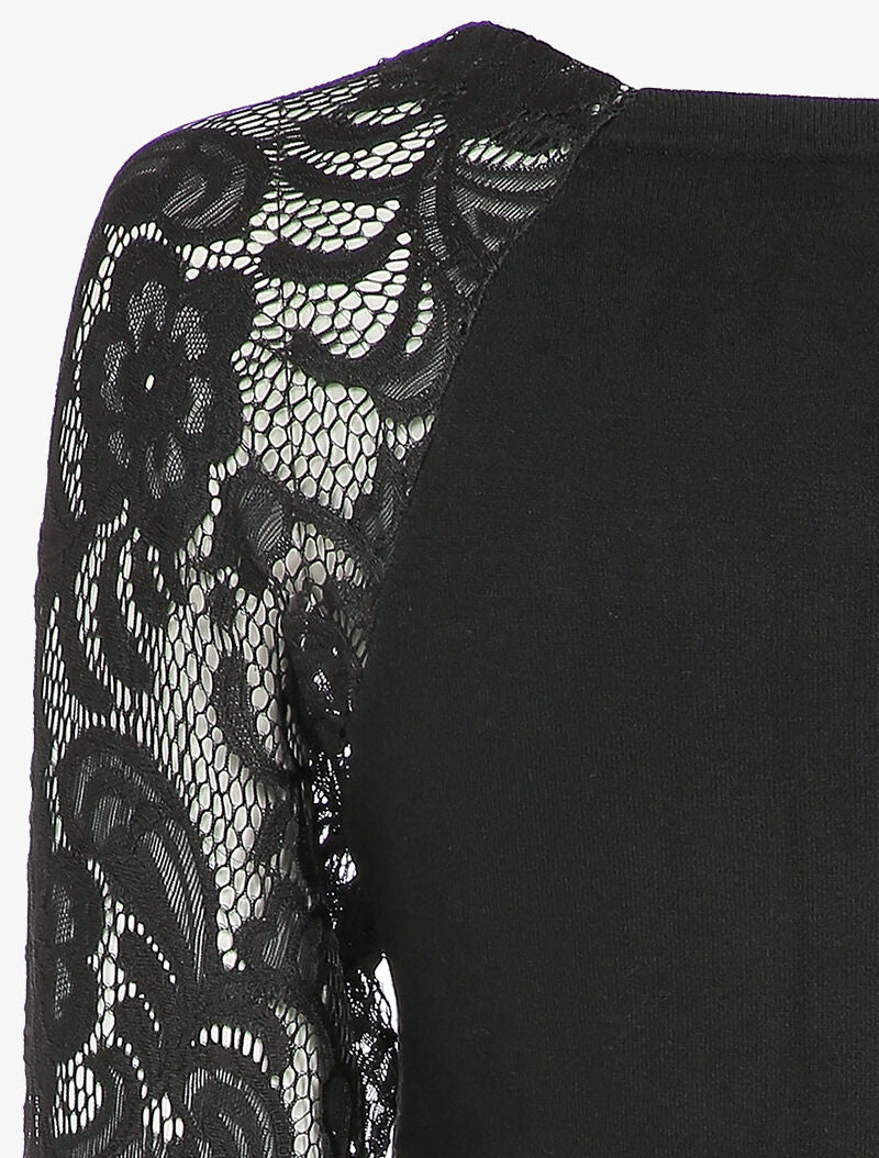 Pull fin à manches brodées - Noir - 3