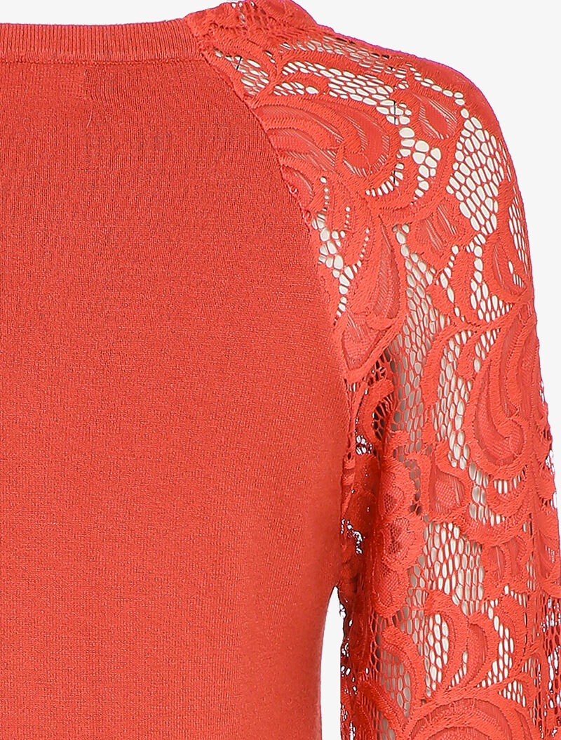 Pull fin à manches brodées - Rouge brique - 3
