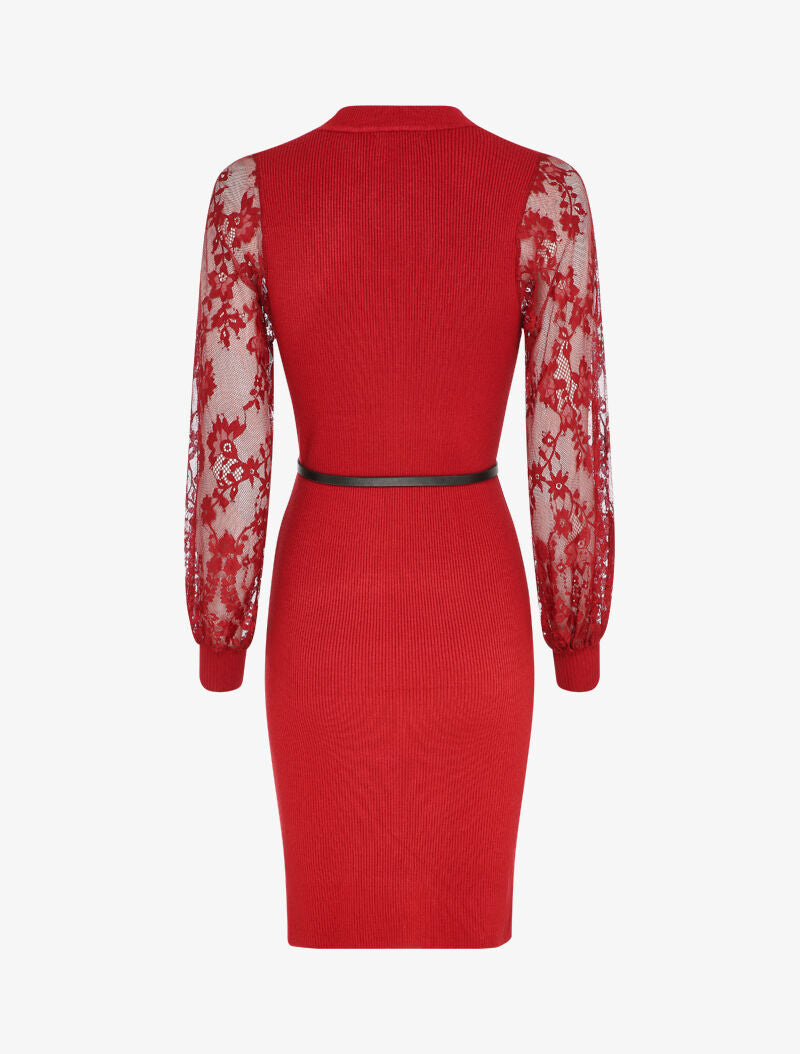 Robe côtelée à manches en dentelle fleurie - Rouge - 2