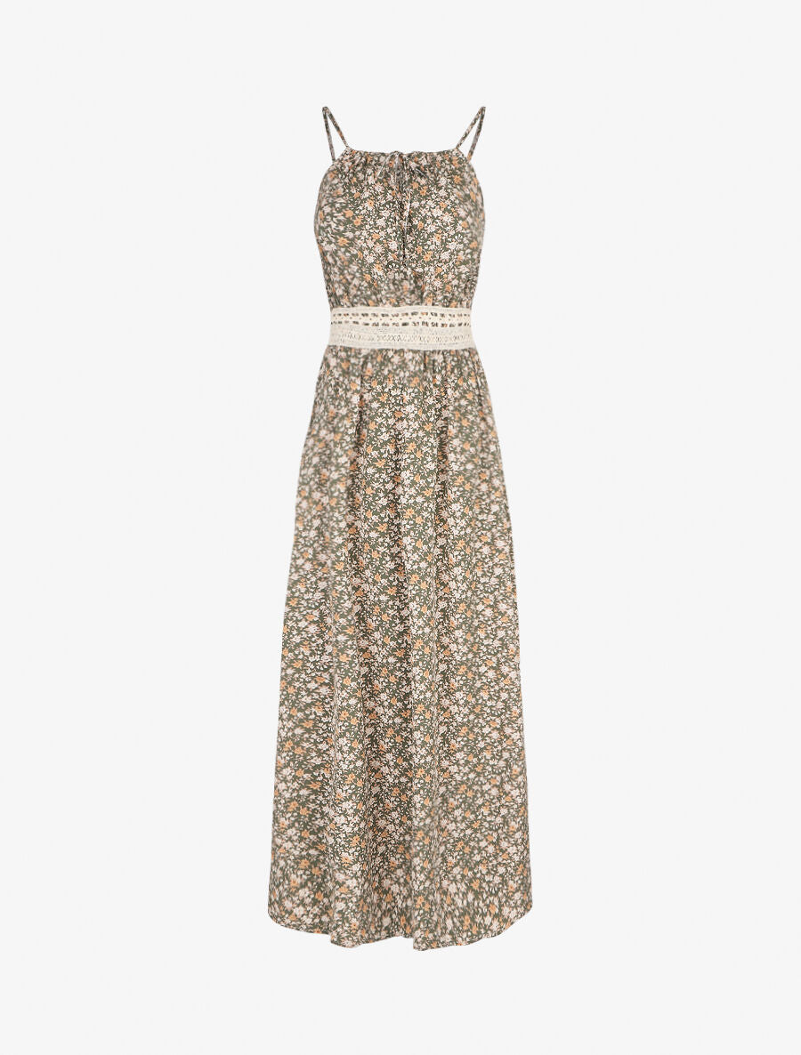 Robe longue à imprimé fleuri et taille brodée - Kaki - 1