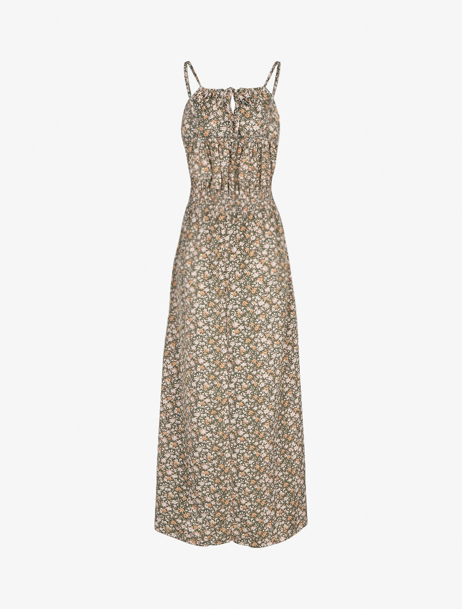 Robe longue à imprimé fleuri et taille brodée - Kaki - 2