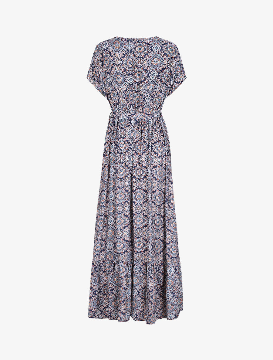 Robe longue imprimée baroque et détail brodé - Marine - 2