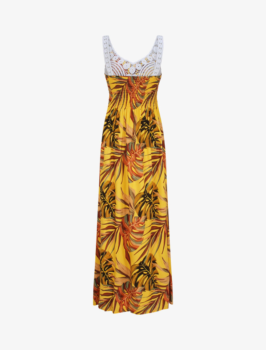 Robe longue imprimé feuilles exotiques et crochet - Jaune - 2
