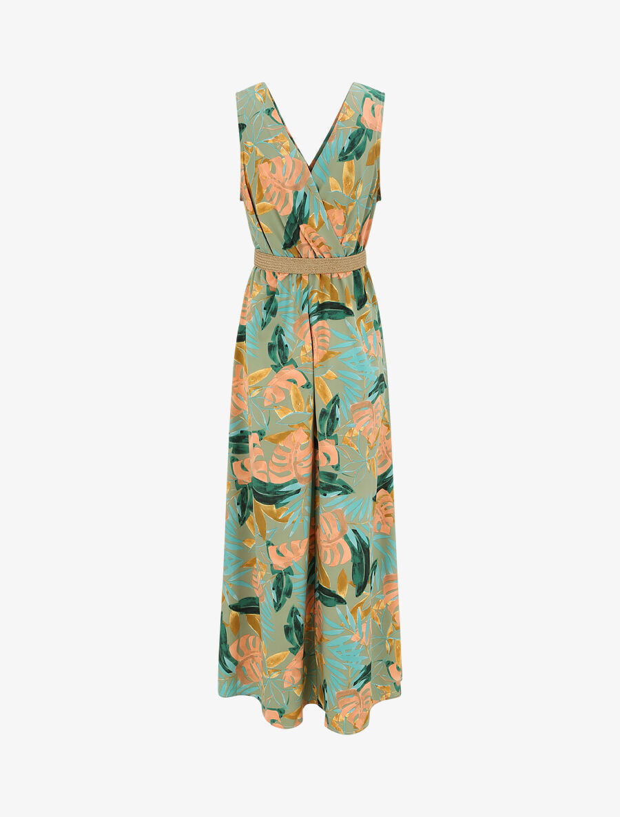 Robe longue empire sans manches imprimé tropical - Vert olive - 2