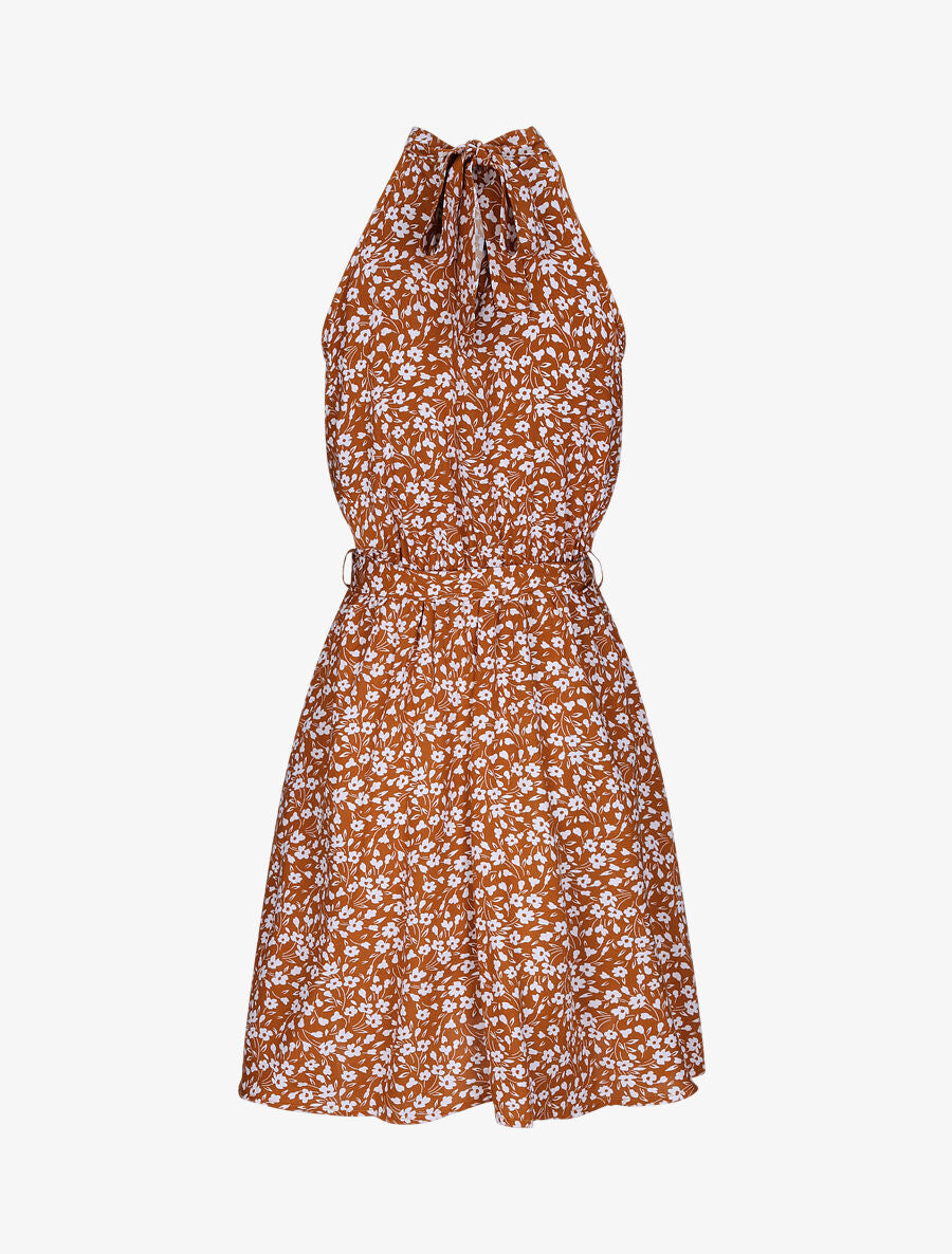 Robe cintrée imprimé petites fleurs à col américain - Camel - 2