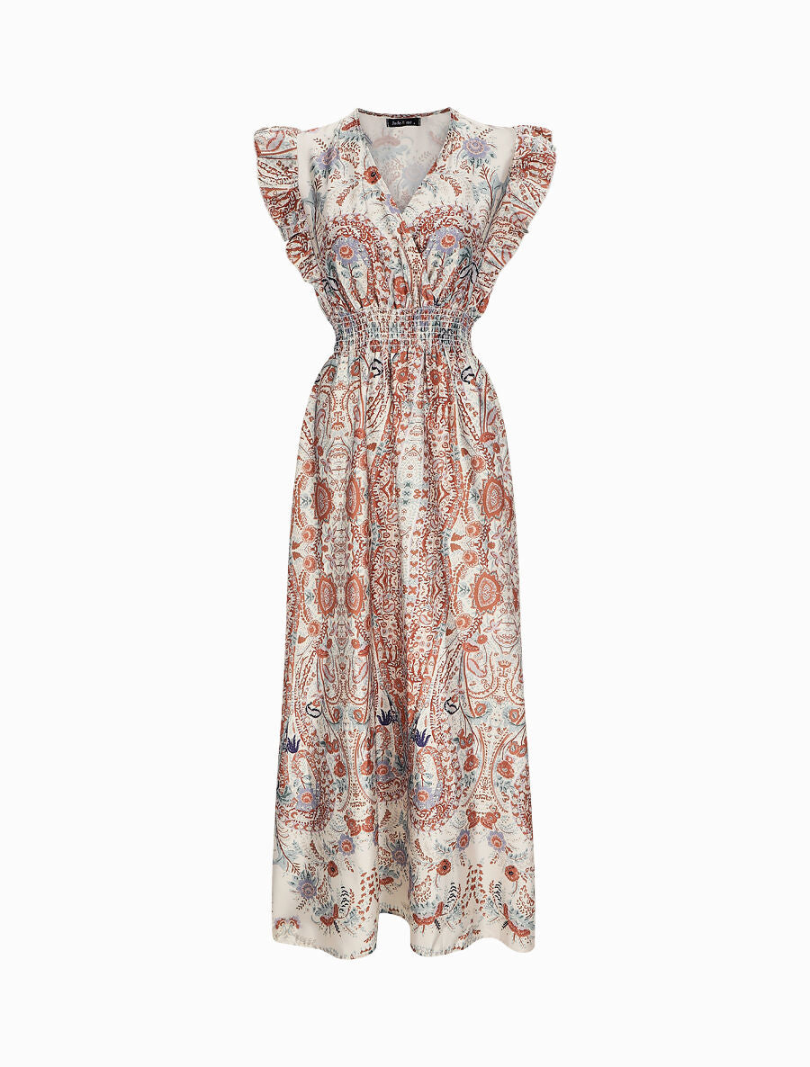 Robe longue empire satinée imprimé cachemire stylisé - Beige - 1
