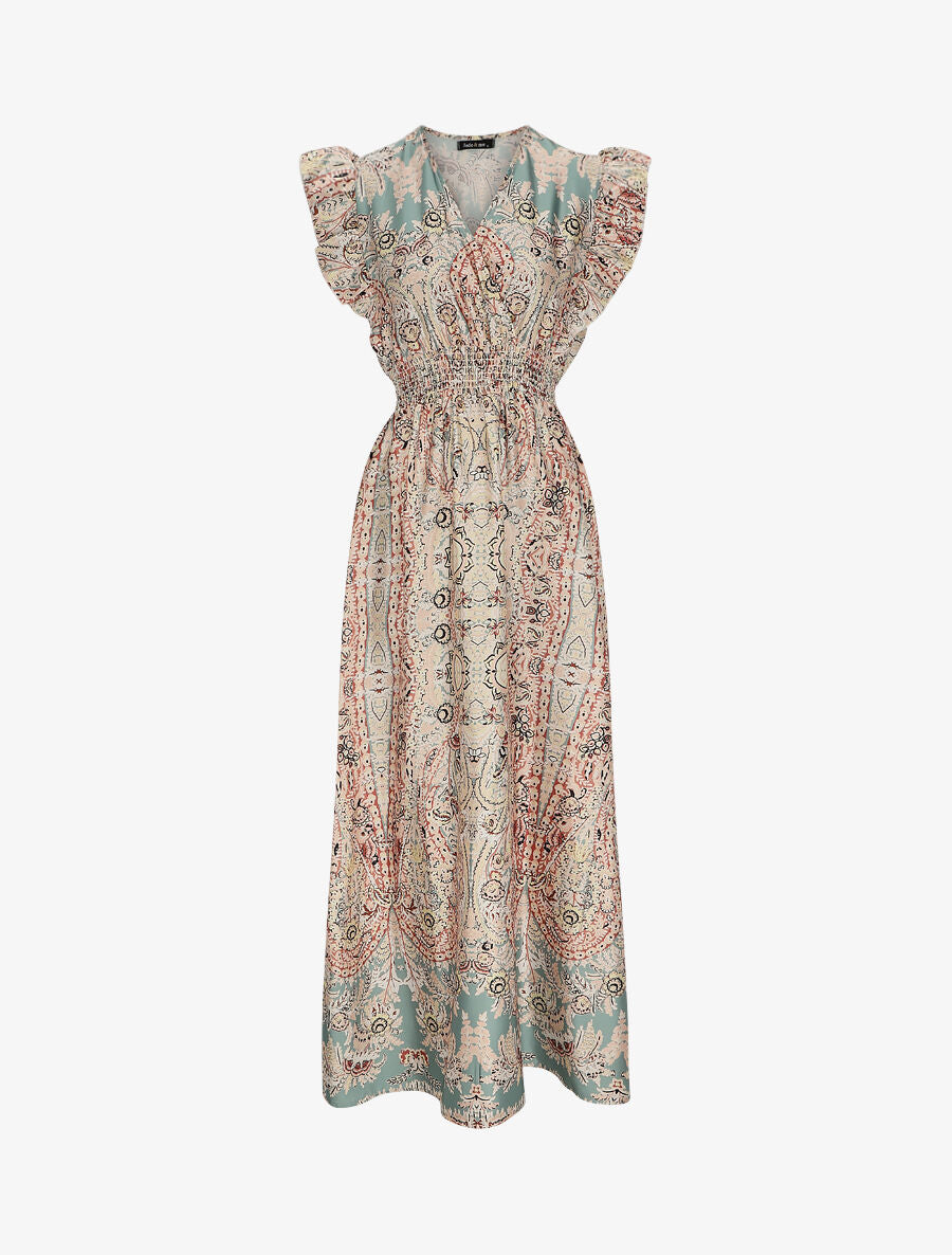 Robe longue empire satinée imprimé cachemire stylisé - Vert d&