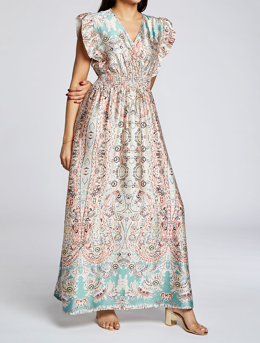 Robe longue empire satinée imprimé cachemire stylisé - Vert d&