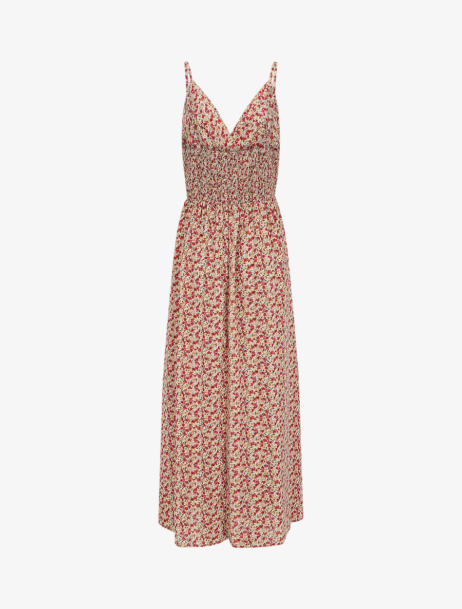 Robe longue empire imprimé fleuri à fines bretelles - Beige - 2