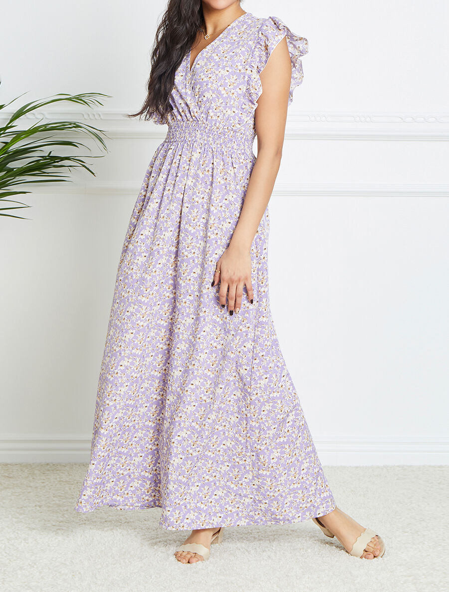 Robe longue empire à épaules volantées imprimé fleurs de cerisier - Lilas - 4