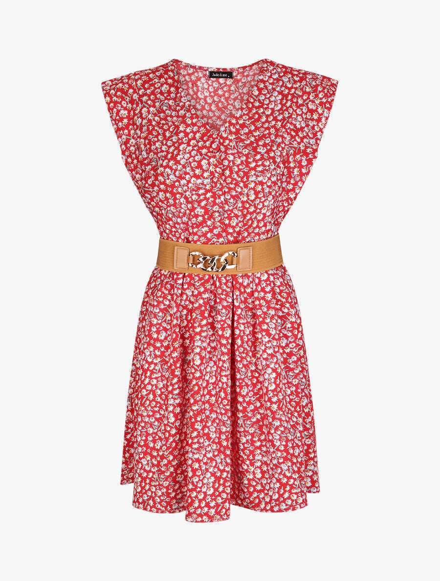 Robe à col V boutonné - Rouge - 1