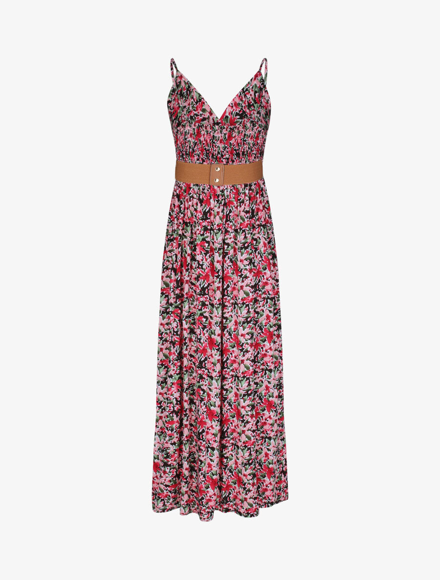 Robe longue empire à bretelles et imprimé fleurs abstraites - Noir - 2
