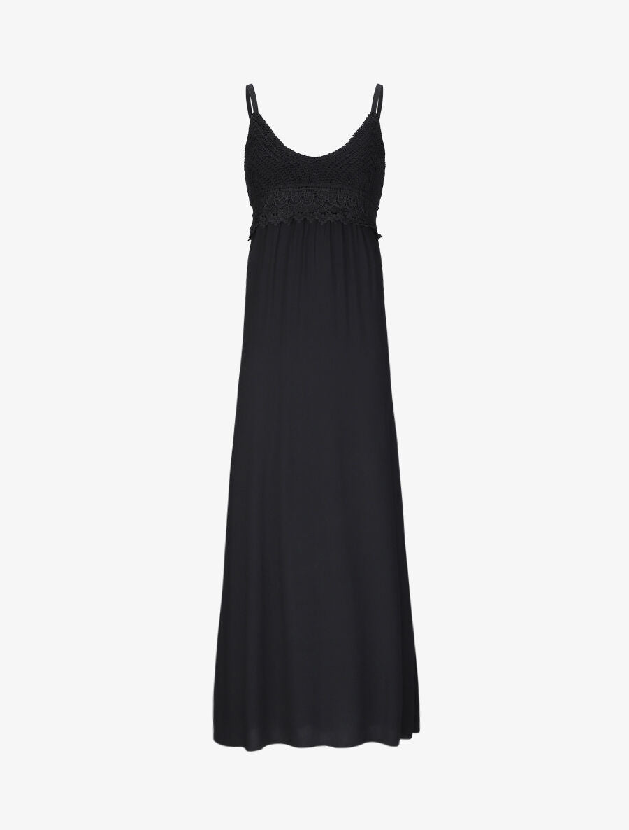 Robe longue empire unie à buste en crochet - Noir - 1