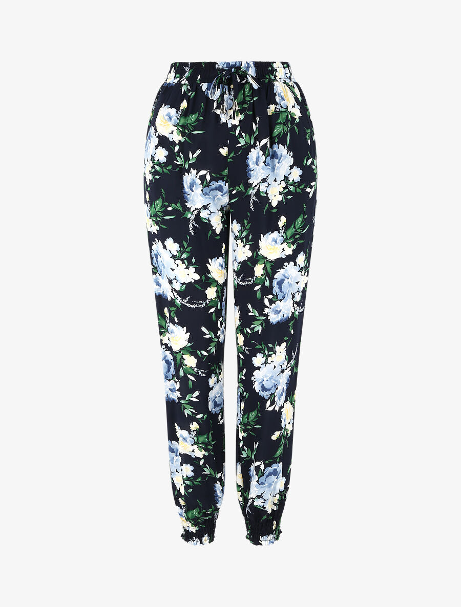 Pantalon fluide imprimé fleurs printanières à bords élastiqués - Marine - 1