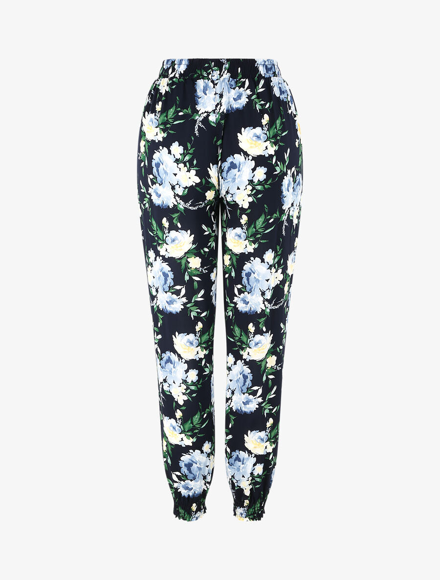 Pantalon fluide imprimé fleurs printanières à bords élastiqués - Marine - 2