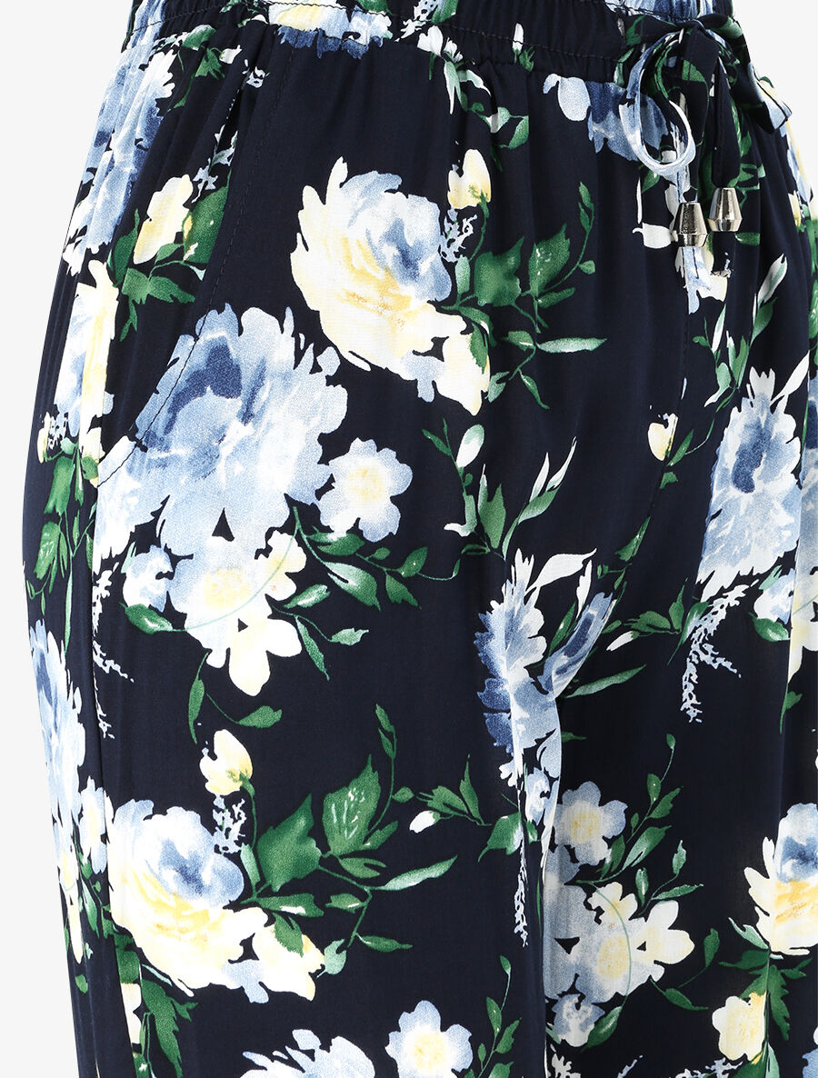 Pantalon fluide imprimé fleurs printanières à bords élastiqués - Marine - 3