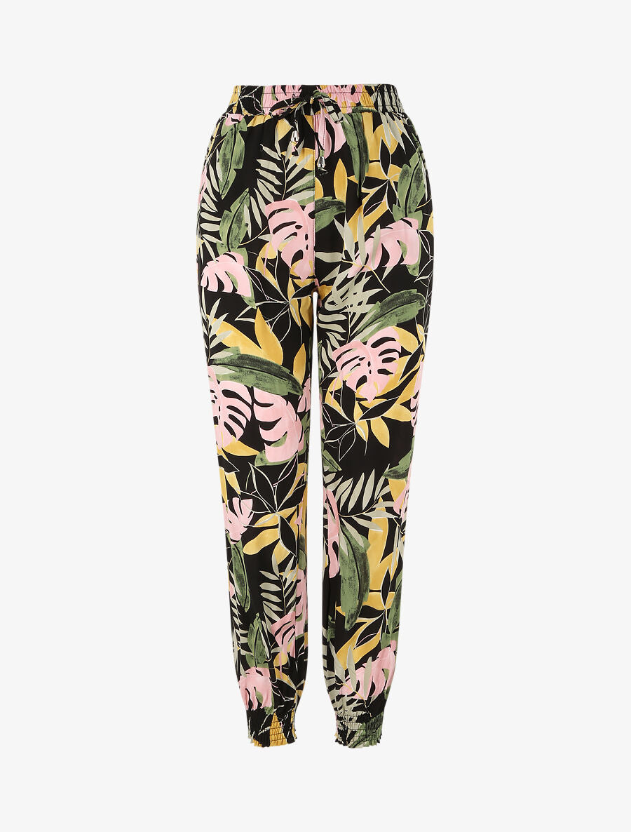 Pantalon fluide imprimé fleurs tropicales à bords élastiqués - Noir - 4