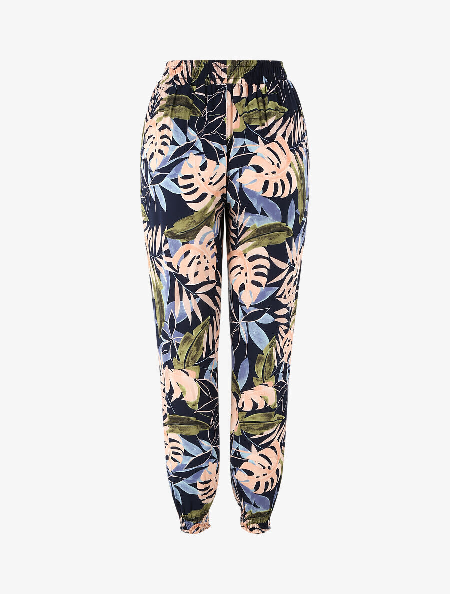 Pantalon fluide imprimé fleurs tropicales à bords élastiqués - Marine - 2