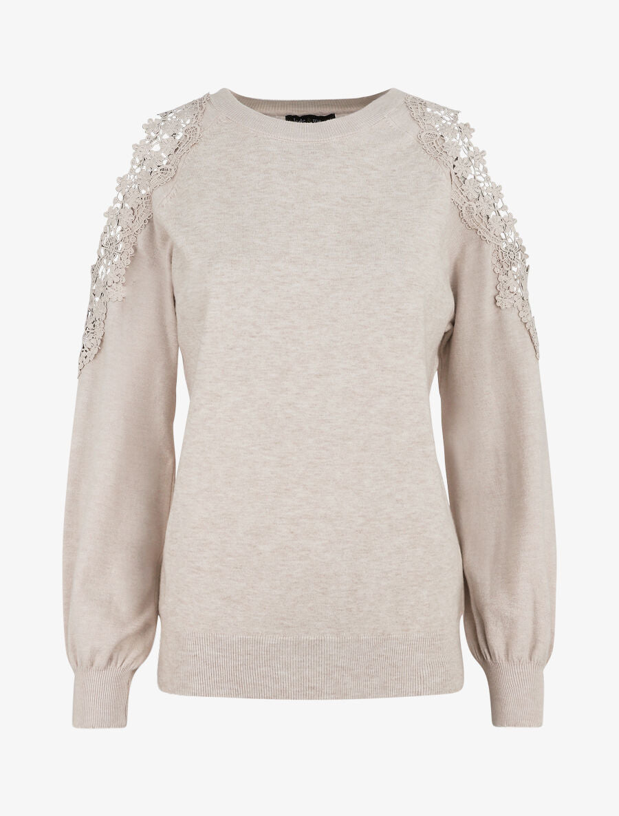 Pull épaules ajourées en dentelle - Beige - 2