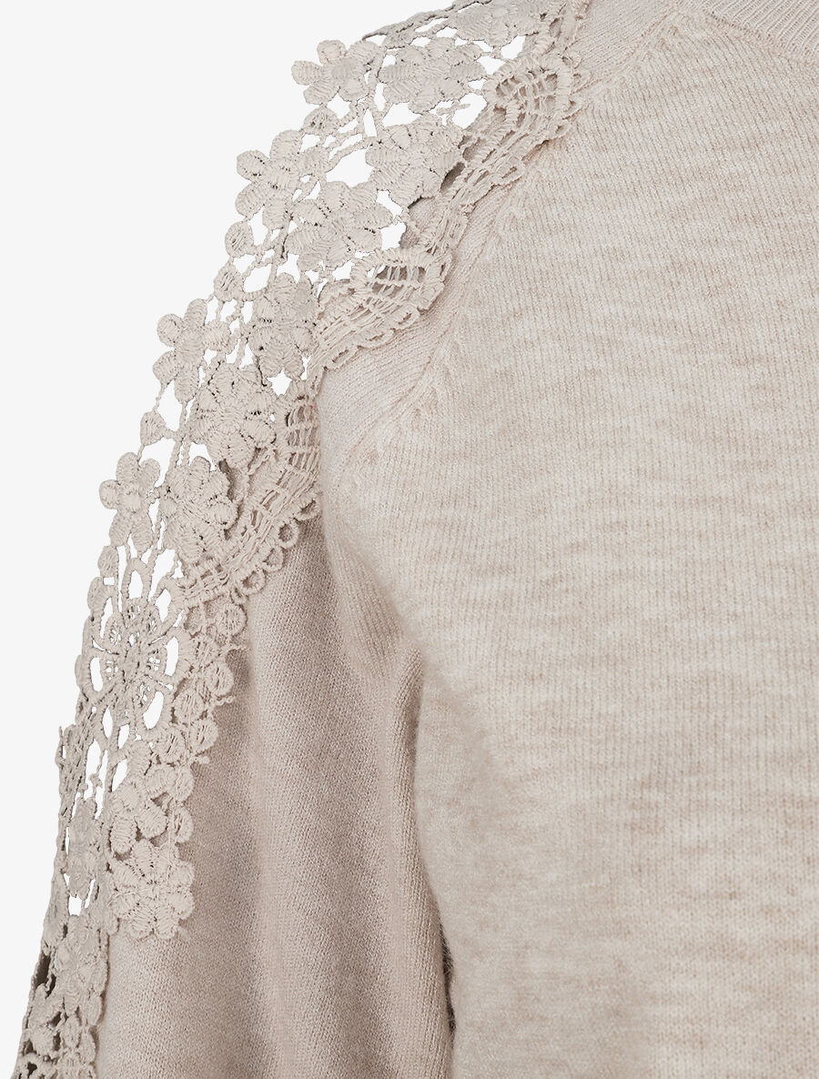 Pull épaules ajourées en dentelle - Beige - 4