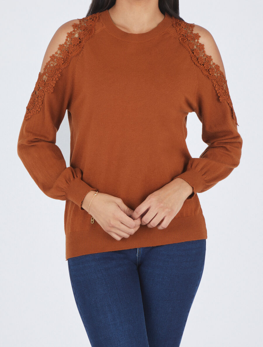 Pull épaules ajourées en dentelle - Terre de sienne - 1