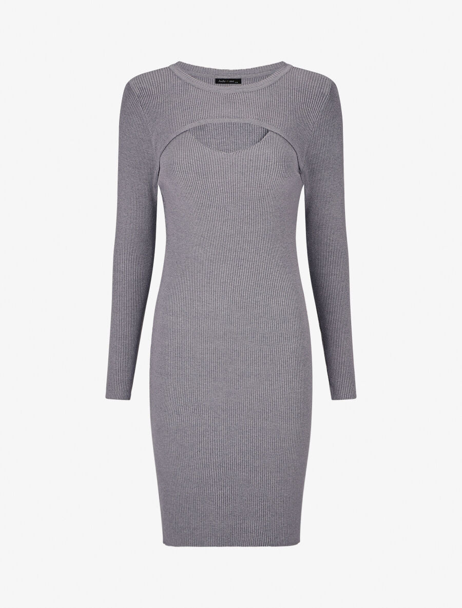 Robe mi-longue côtelée à décolleté ajouré - Gris - 1