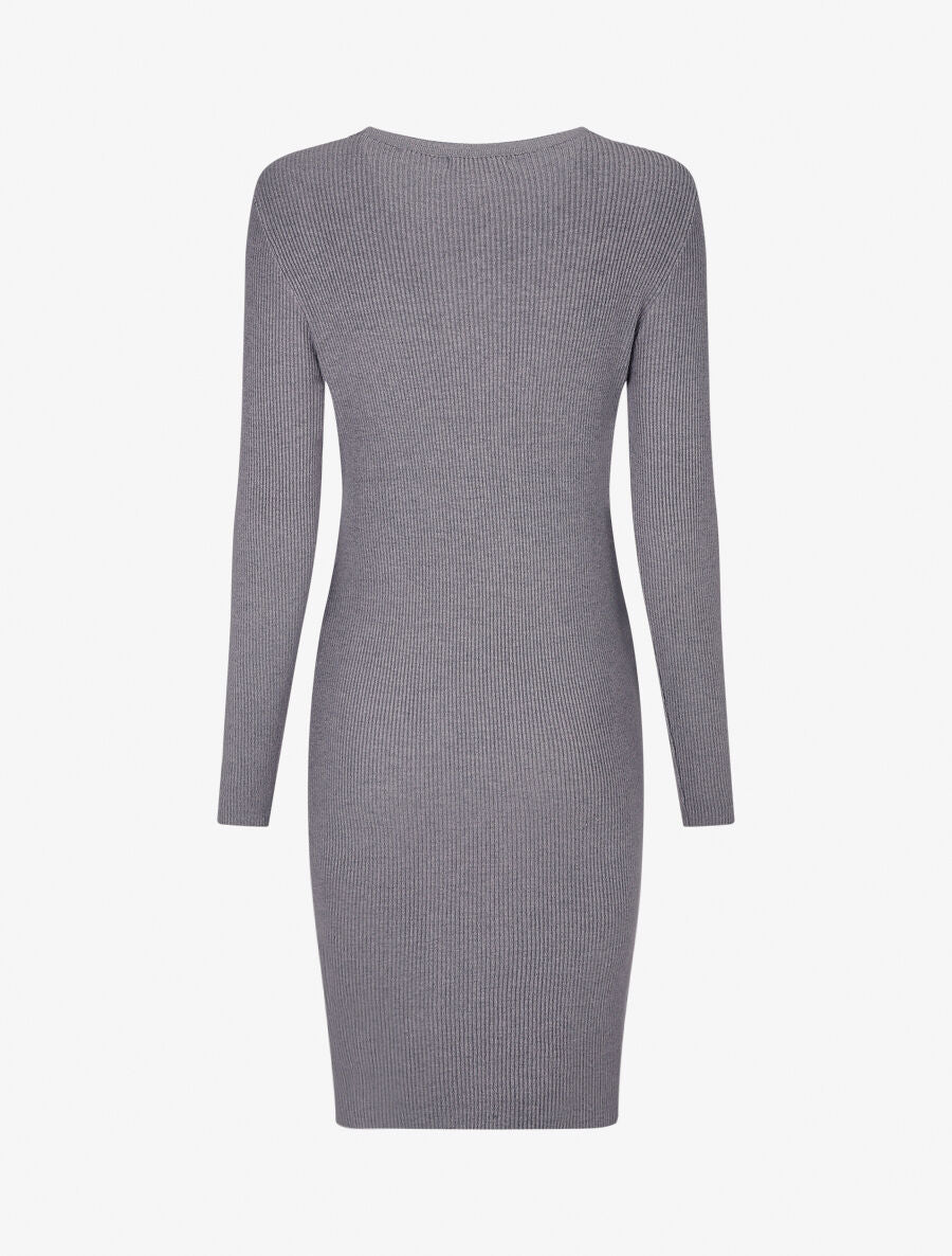 Robe mi-longue côtelée à décolleté ajouré - Gris - 2