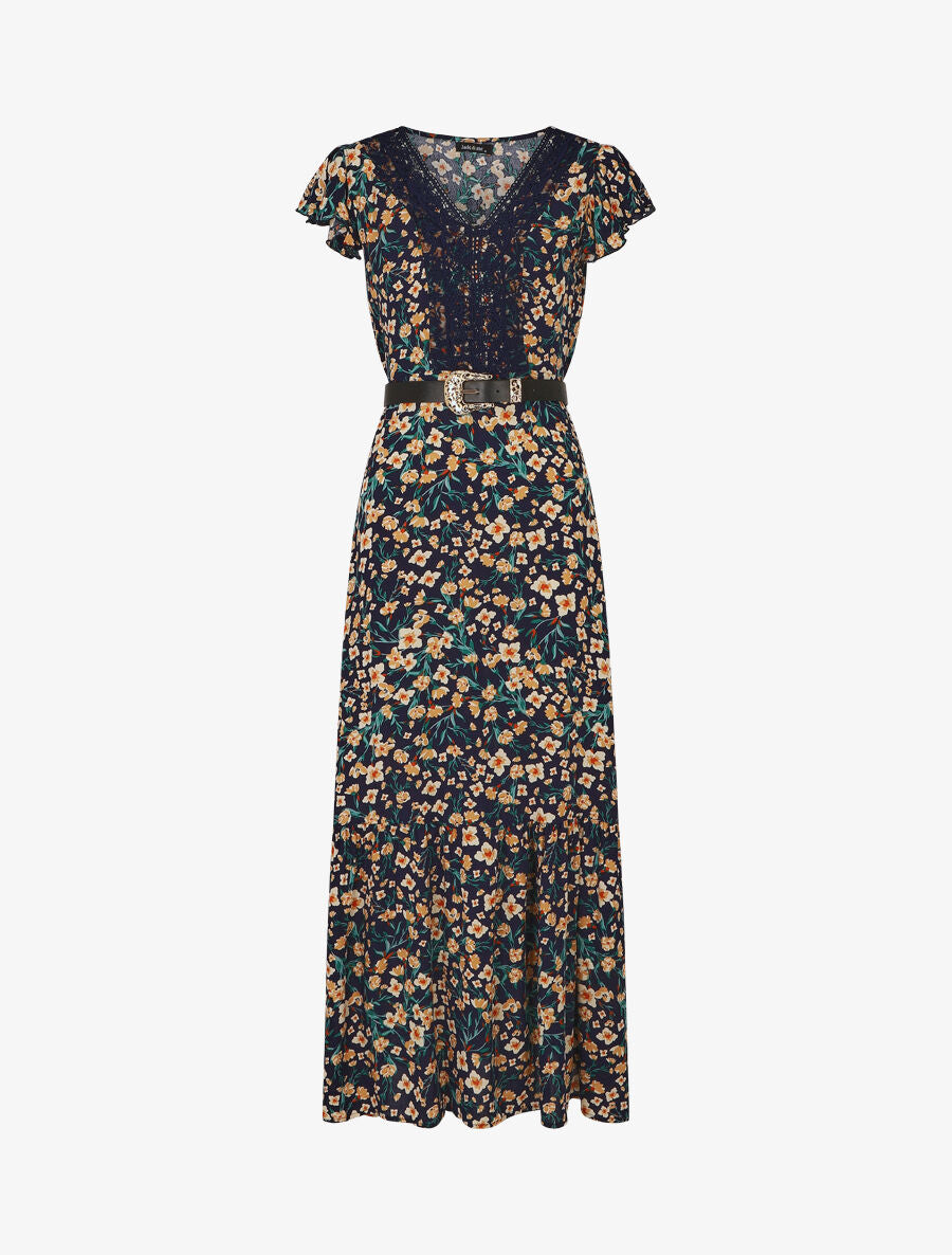 Robe longue élastiquée imprimé fleuri et broderies - Marine - 5