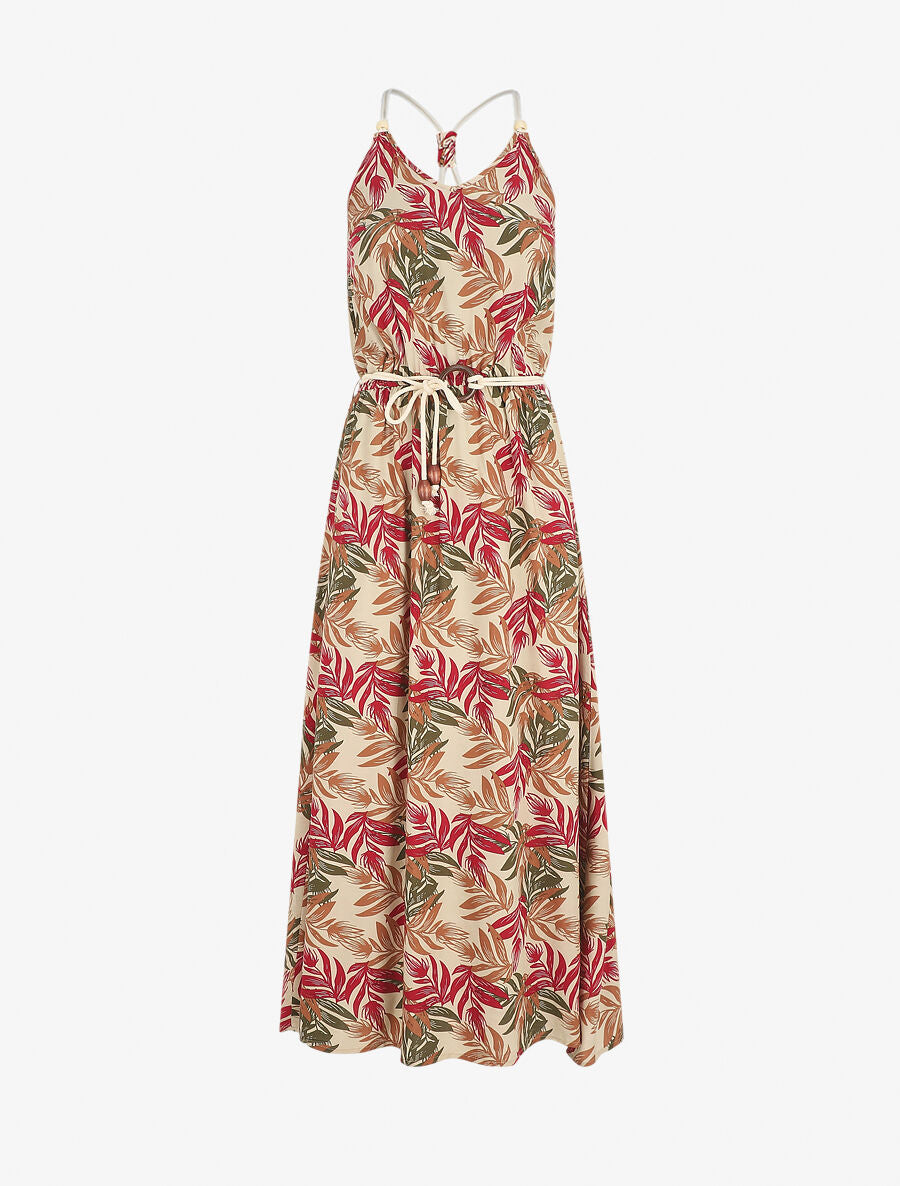 Robe longue empire à imprimé feuilles - Beige - 1