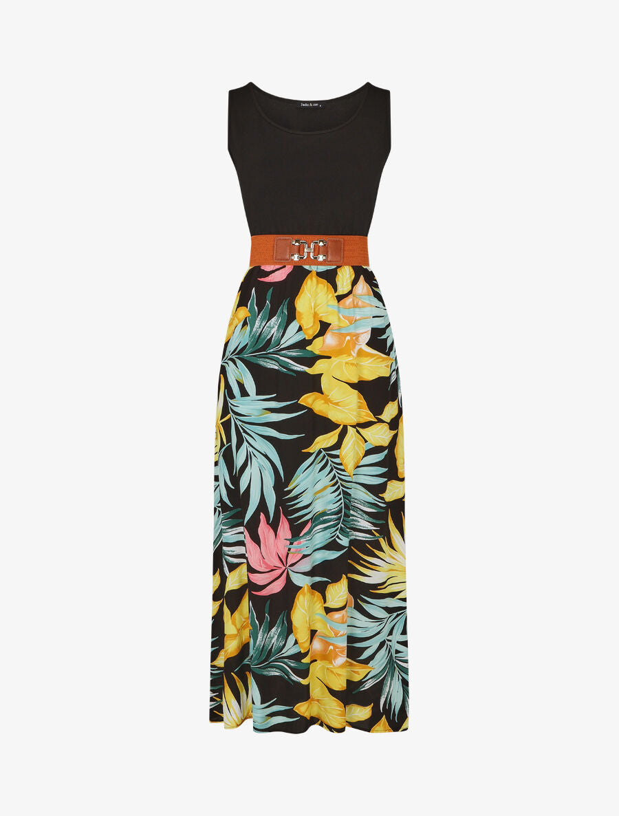 Robe bicolore à imprimé tropical - Noir - 1