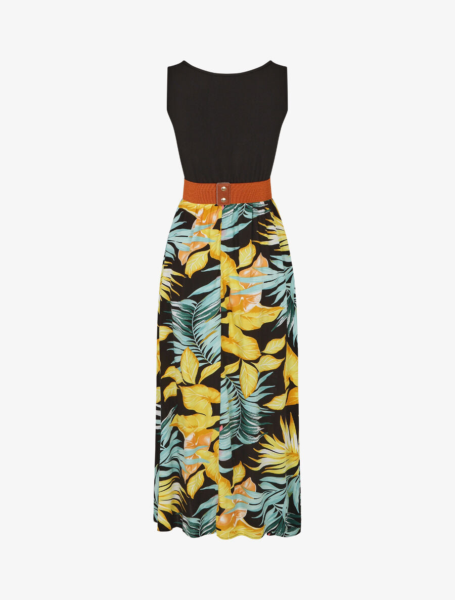 Robe bicolore à imprimé tropical - Noir - 2