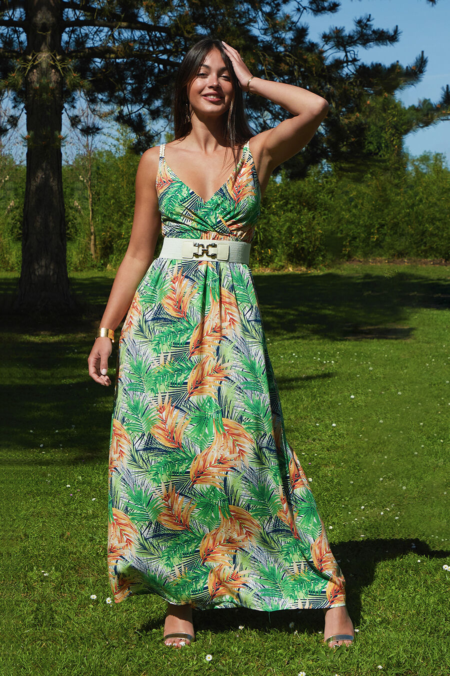 Robe longue élastiquée imprimé feuilles - Blanc - 5